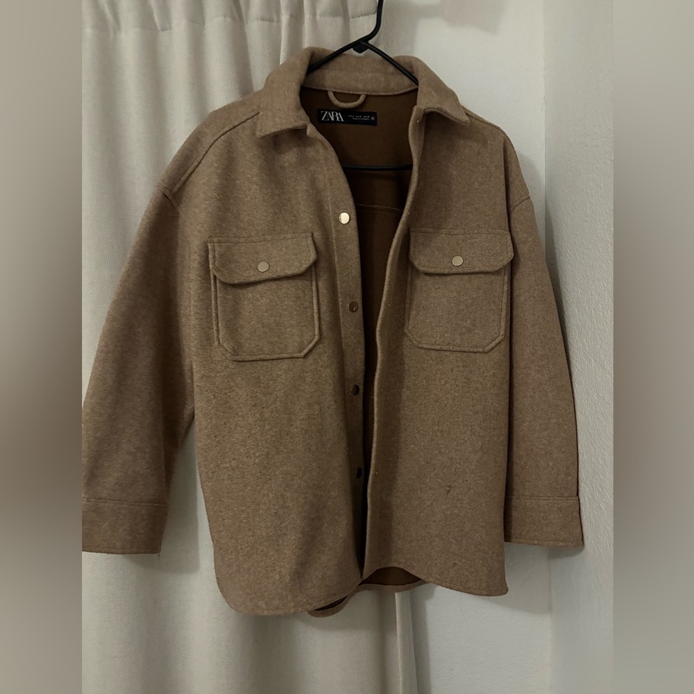 Zara Camel Wool Blend Shacket Jacket Oversized Button Front